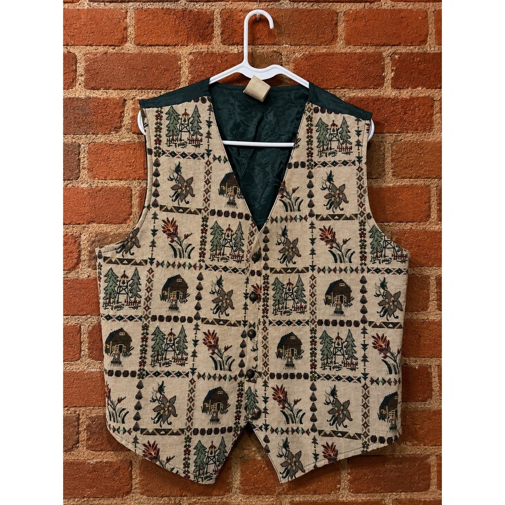 Bobbie Brooks Vintage Tapestry Vest XL Mens Cabin Holiday Retro Grandpa Nature